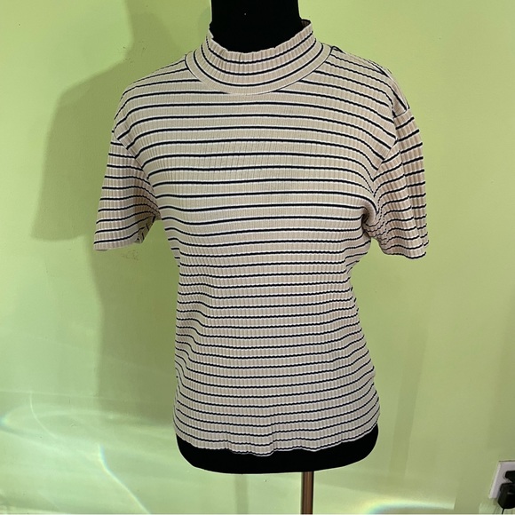 VINTAGE Y2K RIBBED STRIPED YELLOW BLUE MOCK NECK SHORT SLEEVE TOP SIZE MEDIUM - Picture 5 of 8